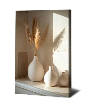 1 pièce, art mural encadré, art mural bohème minimaliste, vases en céramique neutres avec de l'herbe de pampa, décor de maison de campagne moderne pour salon chambre à coucher, impression d'ombre de soleil aux tons beiges, prête à être accrochée