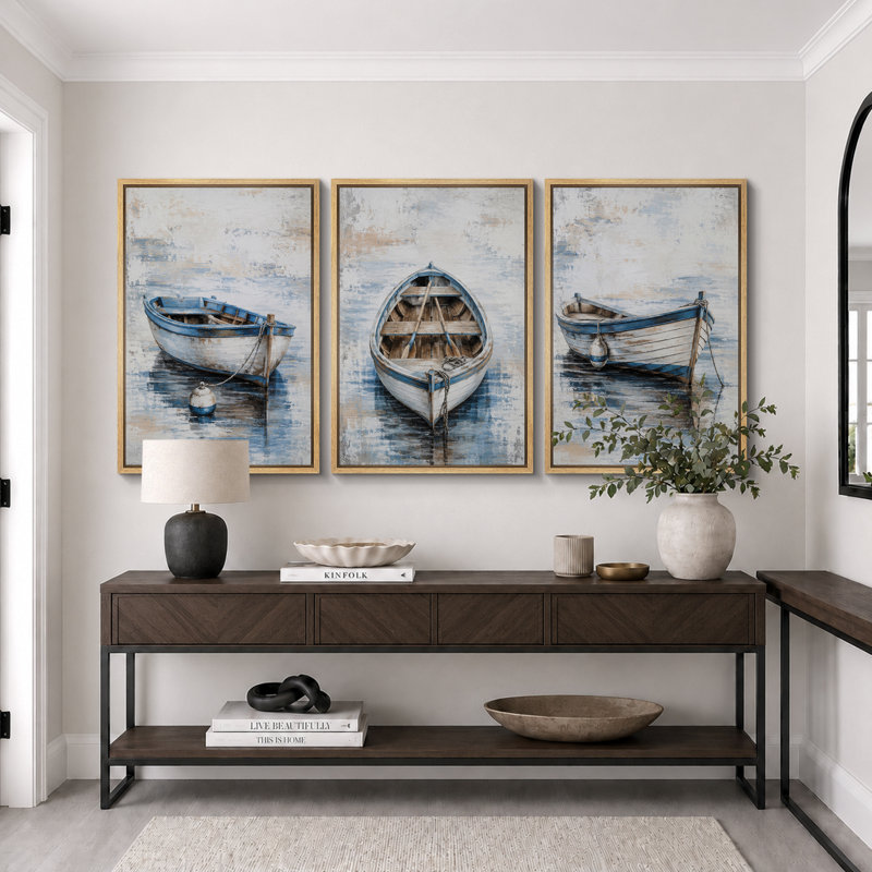 «Rustic Blue Row bateau Coastal», images de salle de bain, impression sur toile encadrée, 3 pièces, 24" H x 48" W x 1.5" D