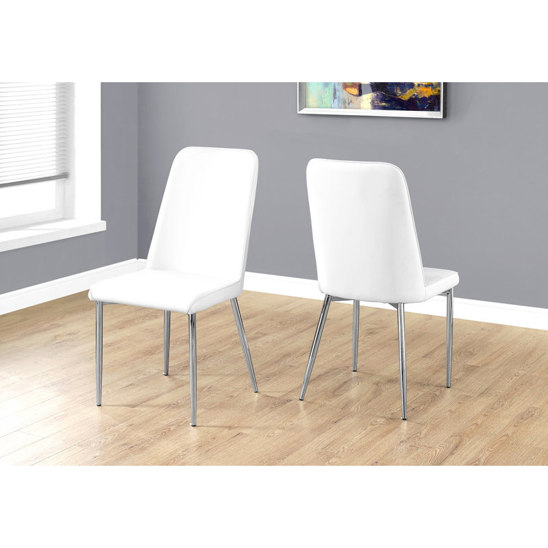 Chaise de salle à manger, ensemble de 2, latérales, rembourrées, cuisine, salle à manger, aspect cuir blanc, métal chromé, contemporain, moderne
