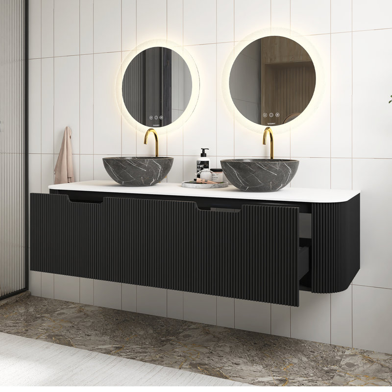 Meuble-lavabo noir 60 po avec éviers, meuble de rangement mural rayé à bords arrondis avec 2 tiroirs, 2 lavabos en céramique à motif de pierres, pré-assemblé