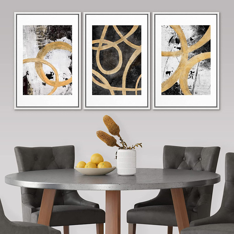 Cercle, anneau, spirale, collage, formes abstraites, ensemble d'illustrations sur toile flottante 3 pièces, Blanc