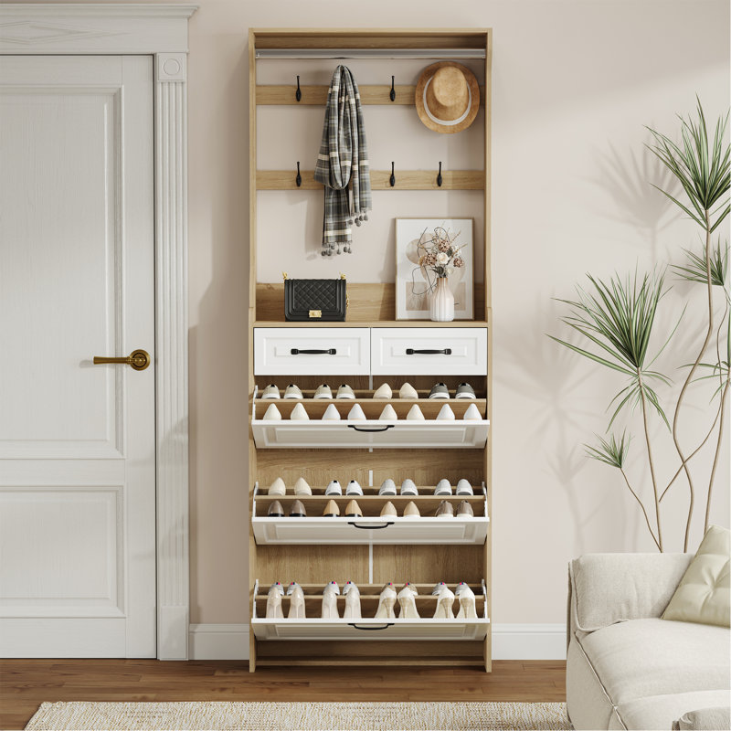 Nouvelle armoire à chaussures couleur chêne avec 3 portes et 2 tiroirs avec support, Blanc/chêne