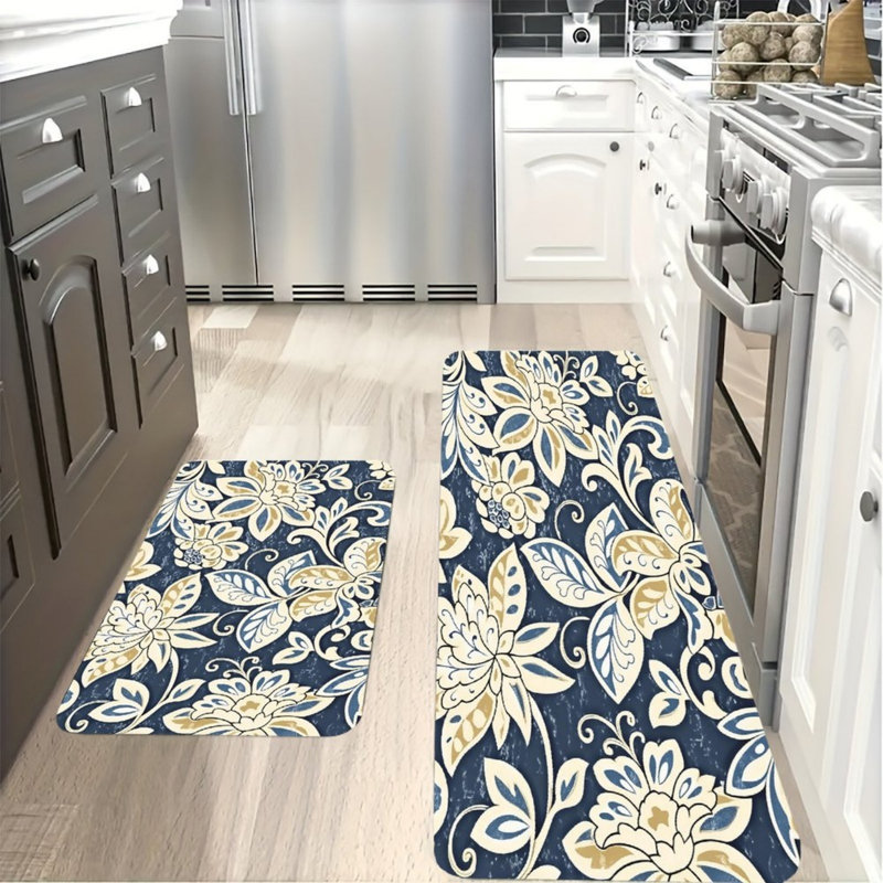 Tapis de cuisine à motif floral bleu marine, 2 pièces, pour la cuisine et la salle de bain