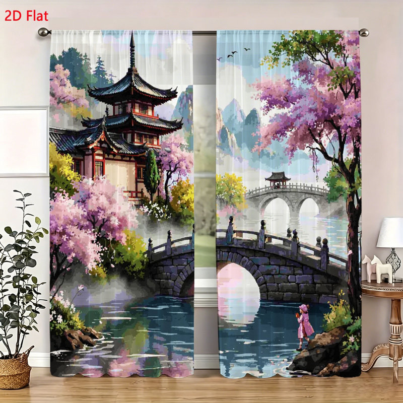 2 Piece Window Curtains Set Featuring Traditional Asian Pagoda Architecture With Cherry Blossom Trees And Stone Bridge Scenery Artistic Landscape Drapery Panels For Living Room Bedroom Home Decor