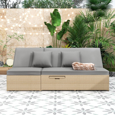 Wicker Rattan 2 Reclining Sunbeds with Adjustable Backrests and Convenient Side Trays