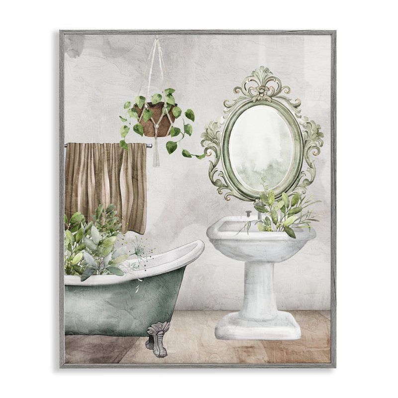 «Bath Greens Botanical Tub», estampe numérique, design par Kim Allen, H 30 po x l 24 po, Estampe numérique Farmhouse