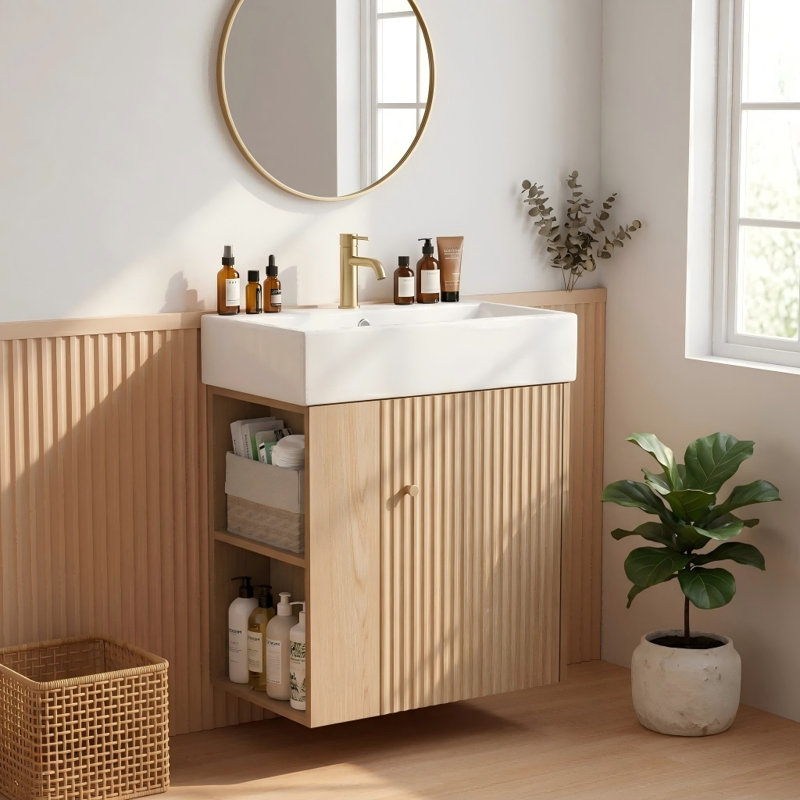 Ensemble de meuble-lavabo simple 21,6 po avec plateau en céramique Gabrielle, Natural Oak/Light Woodgrain