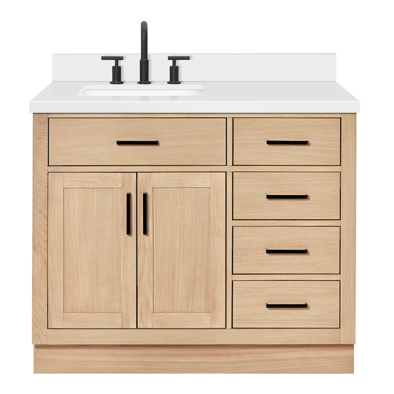 Tidworth 42'' Solid Wood Single Bathroom Vanity with 1.5'' Quartz Top, Natural Oak, Left, Rectangular