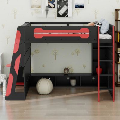 Lit mezzanine pleine grandeur avec bureau, base de lit en bois avec tablettes et lumière RVB, espace de rangement sous le lit, ports USB et armoire de rangement