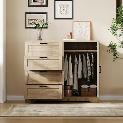 Armoire penderie 43,3 "de haut avec 4 tiroirs et 2 portes, tringle, commode en bois multifonctionnelle