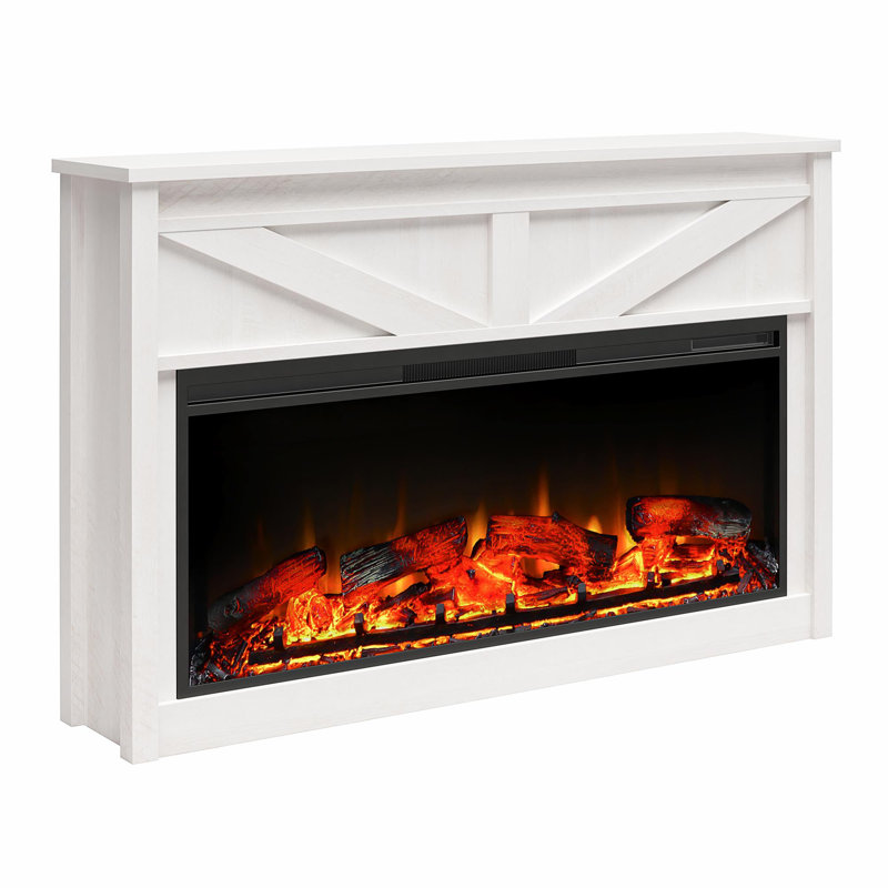 Wide Modern Farmhouse Mantel with Electric Fireplace, Ivory Oak