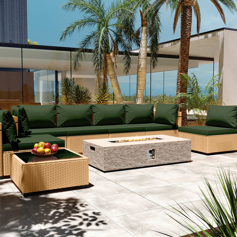 8-Piece Rattan Patio Conversation Set with Cushions and 56-Inch Outdoor Fire Pit Table, Pine Green
