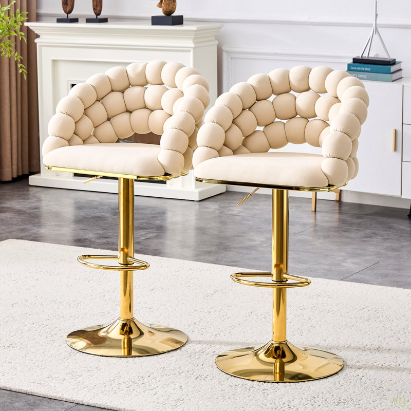 Set Of 2 Beige Puffy Bubble Chair Ball Chain Chair Velvet Bar Stools With Gold Legs, Modern Tufted Adjustable Bar Chairs For Kitchen Island & Home Bar