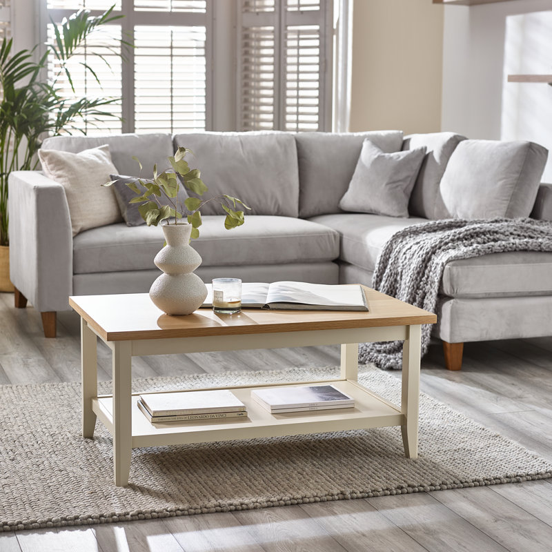 Sodhi Solid Wood Coffee Table with Shelf - Traditional Farmhouse Cottage Style, Oak Cream