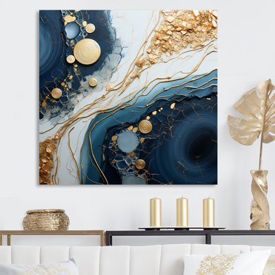 Or doré et bleu, art liquide abstrait I - encre liquide, art mural abstrait