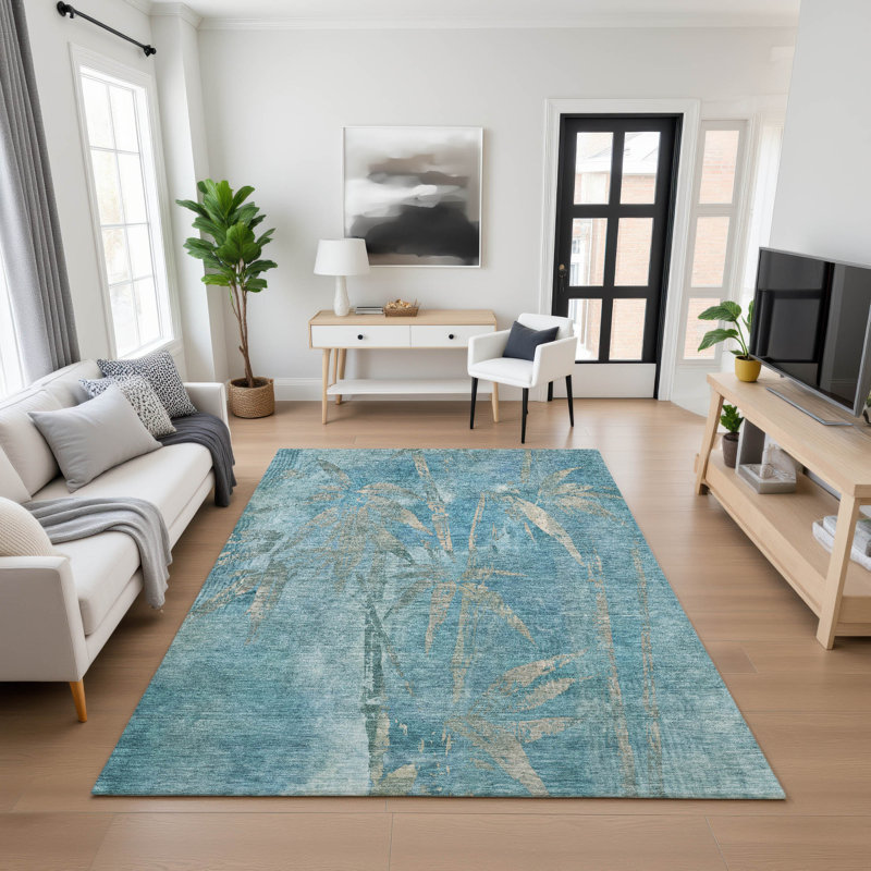 Premium Machine Washable Mayfield AMF2222 Botanical Rug, Blue, 2'6" x 3'10"