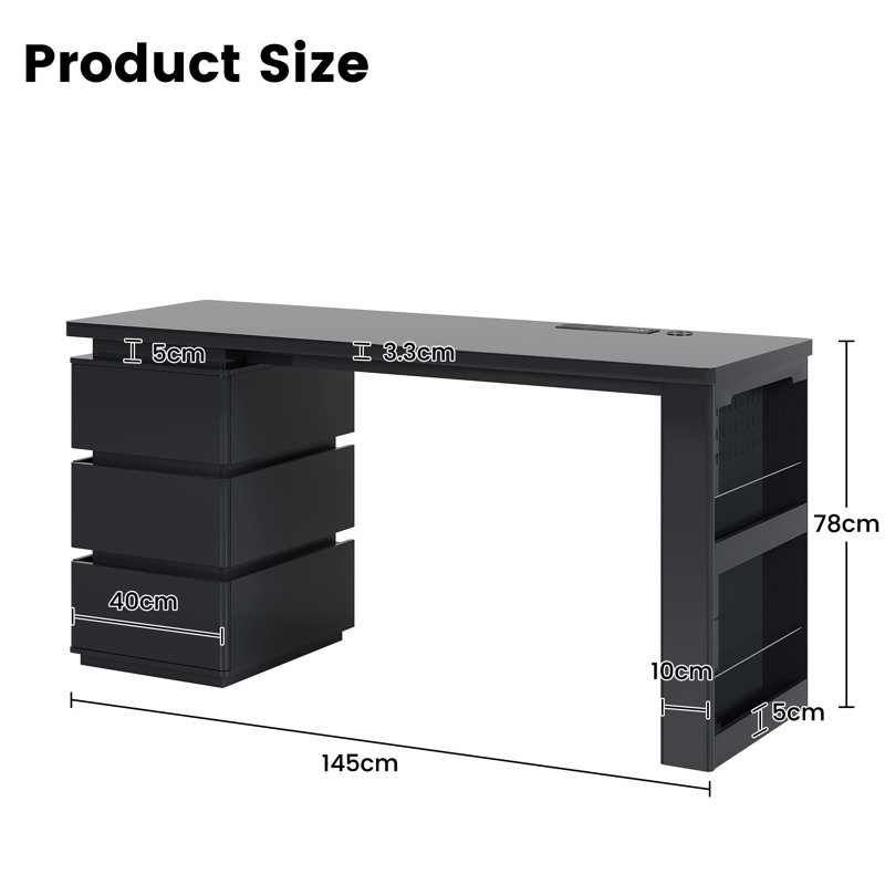 Gaming Desk with RGB Lights & Power Socket, 3 Drawers & 2 Open Shelves, Black