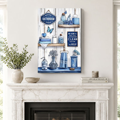 Rustic Blue and White Bathroom Shelves Canvas Graphic Art