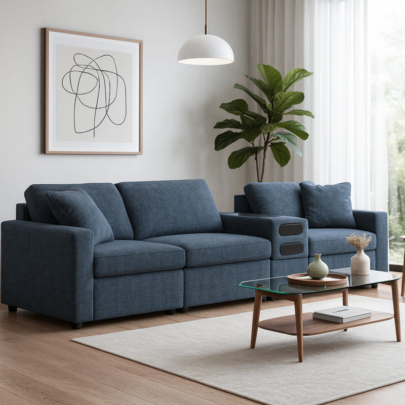 Braintree 4-Piece Sectional With Audio Console, Blue Polyester