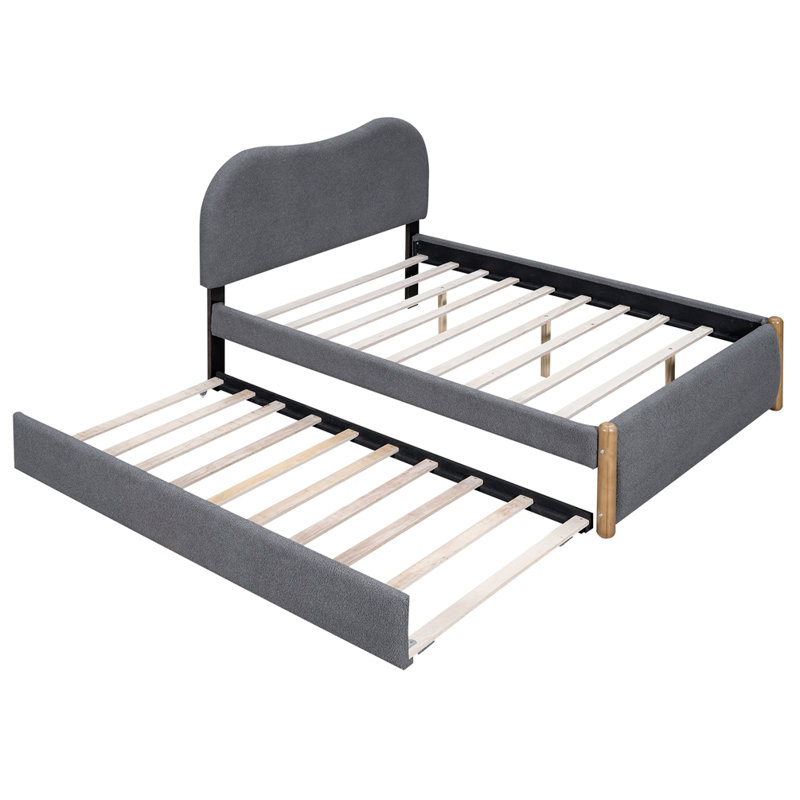 Lit plateforme tapissier avec pieds de soutien en bois et lit gigogne Aevah, Gris, Simple