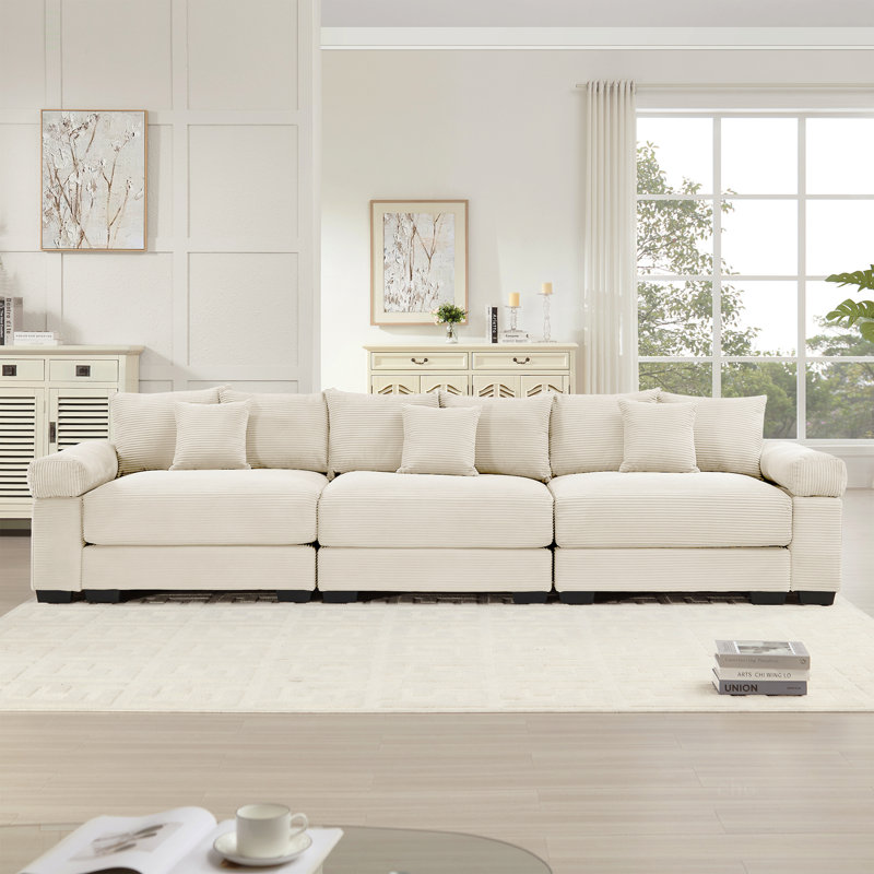 Canapé modulaire surdimensionné de 130 po en forme de nuage, canapé 3 places en velours côtelé haut de gamme, accoudoirs très épais, coussin ergonomique, conception ergonomique, assemblage facile, idéal pour les salons, crème