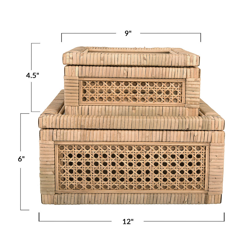 Edelie Woven Cane and Glass Decorative Box, Natural, 6" H x 12" W x 12" D