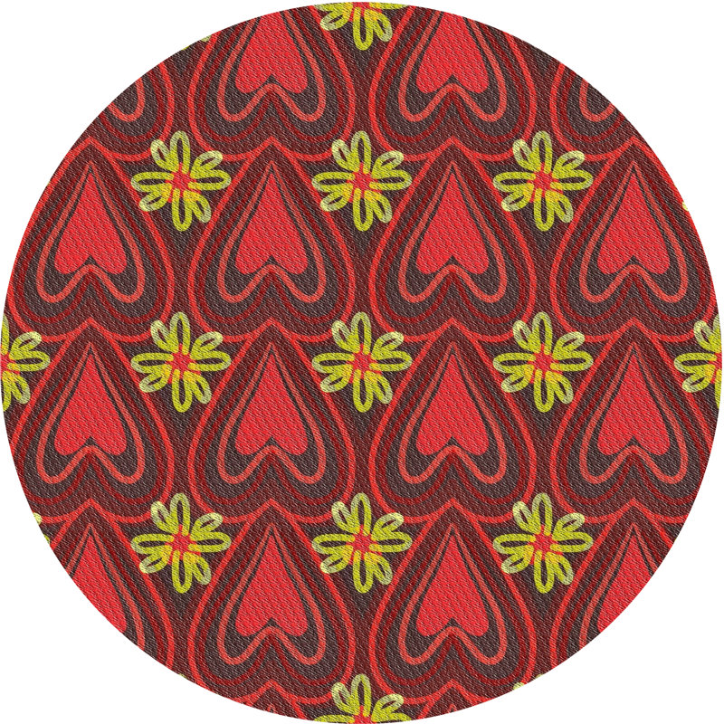 Rouge floral/Tapis décoratif jaune, Rond 5 pi
