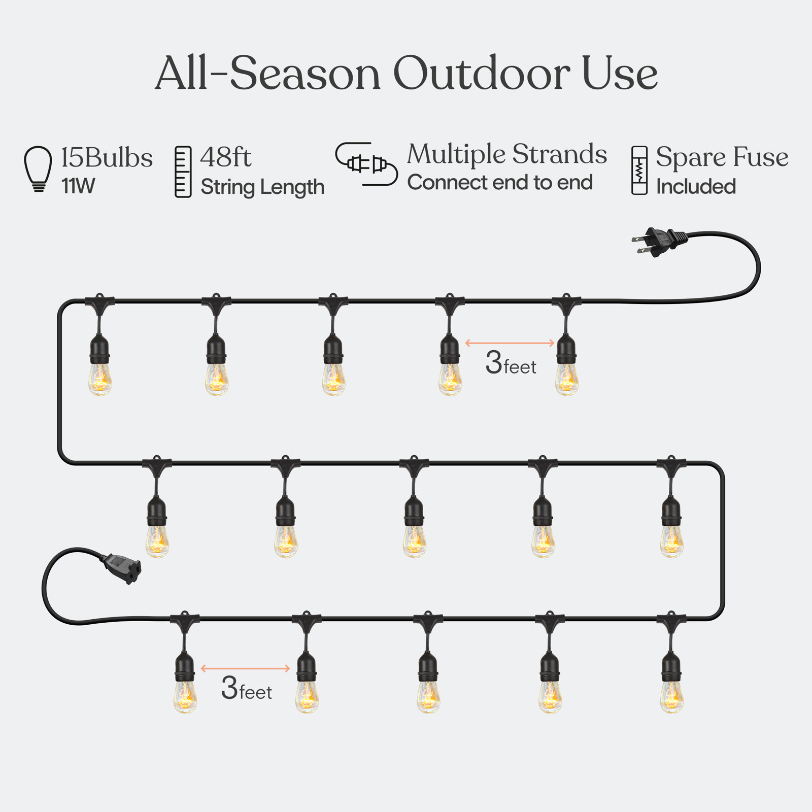Ambience Pro Indoor/Outdoor Hanging Incandescent 11-Watt S14 Bulb String Lights, White, 48 ft