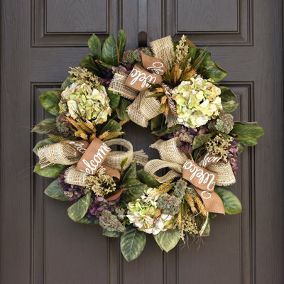 Couronne d'Alma à hortensia et bruyère avec toile de jute et ruban de bienvenue