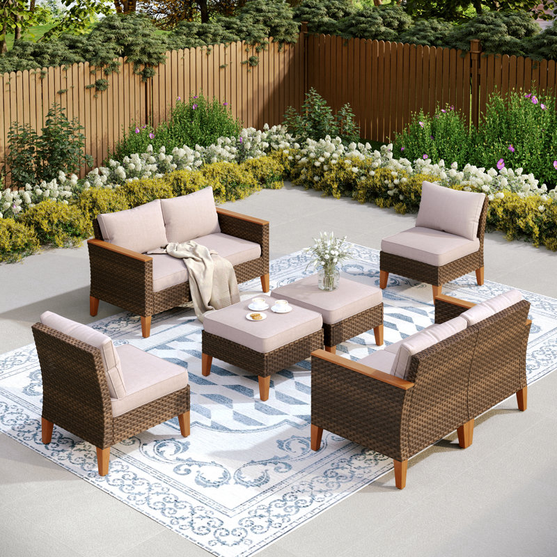 Salem 8-Piece Wicker Outdoor Patio Conversation Furniture Sectional Set with Fire Pit Table, Yes, Blue