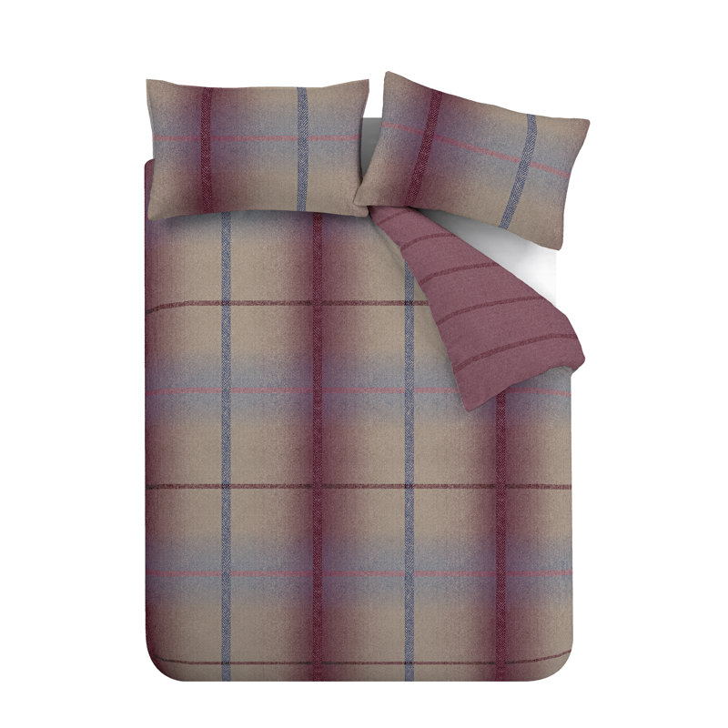 Brushed Cotton Melrose Tweed Check Reversible Duvet Cover Set, Kingsize Duvet Cover + 2 Standard Pillowcases, Plum