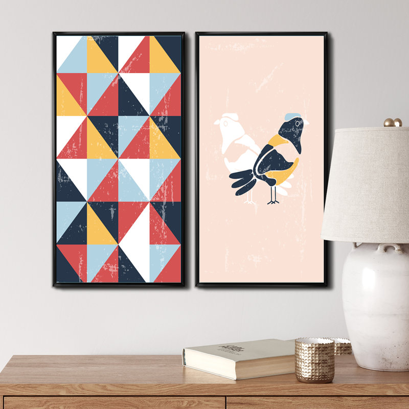 «Retro Retro Birds II», ensemble de 2 impressions, H 32 po x l 32 po x P 1 po, Toile avec cadre noir