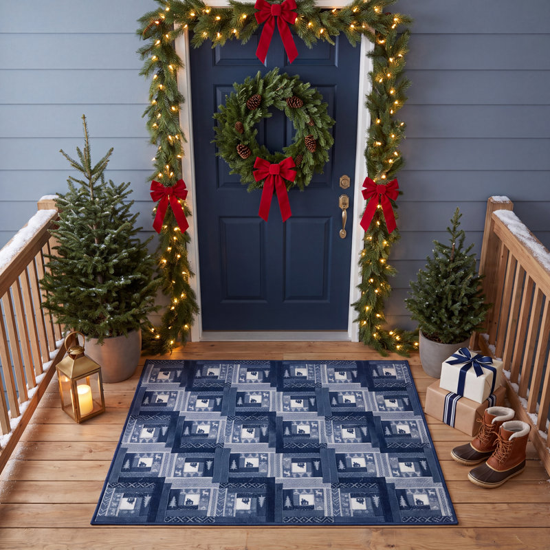 Tapis d'hiver Agri moderne à motifs géométriques bleu marine, gris et blanc, antidérapant, à poils courts, pour intérieur et extérieur, adapté aux animaux domestiques, idéal pour le salon, la chambre, la salle à manger, l'entrée, le corridor, le bureau ou un chalet. Décoration de Noël. Lavable.