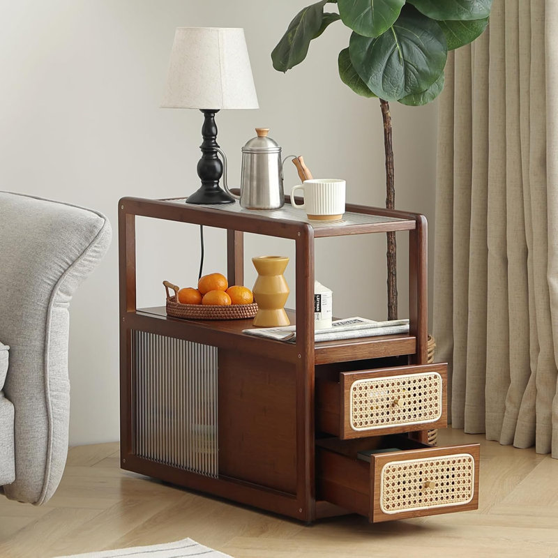 Mid-Century Modern Rattan Side Table With Glass Top And Storage, Walnut