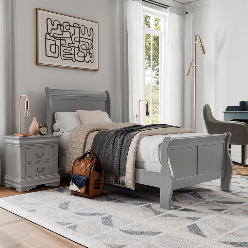 Ensemble de chambre à coucher Emelinda Extula, Gris, Trois pièces : lit, 2 tables de chevet, Simple