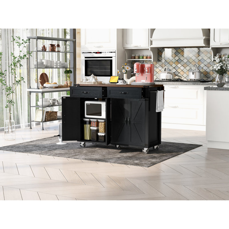 Kitchen Island With Rolling Wheels, Drop Leaf, Power Outlet, 53.5'' X 28.62'' 36.5'', Black For And Dining Room Supply, Storage, Black, 53.5''W 28.62''D 36.5''H