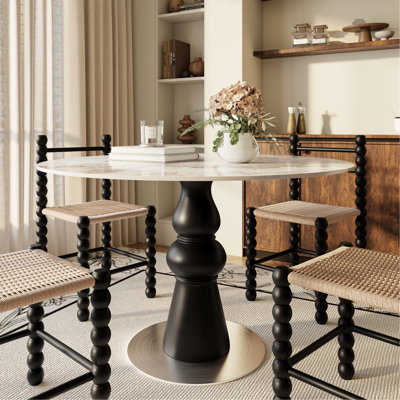 Table de salle à manger moderne de 43 pouces pour 2 à 4 personnes, plateau en pierre frittée noire brillante avec piédestal en bois massif au fini noyer, pièce idéale, style table de 43 pouces, noir, brillant, pierre, argent