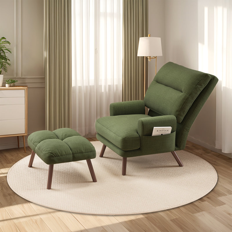Hogle Upholstered Accent Chair with Ottoman, Dark Brown Wood, Gray Corduroy