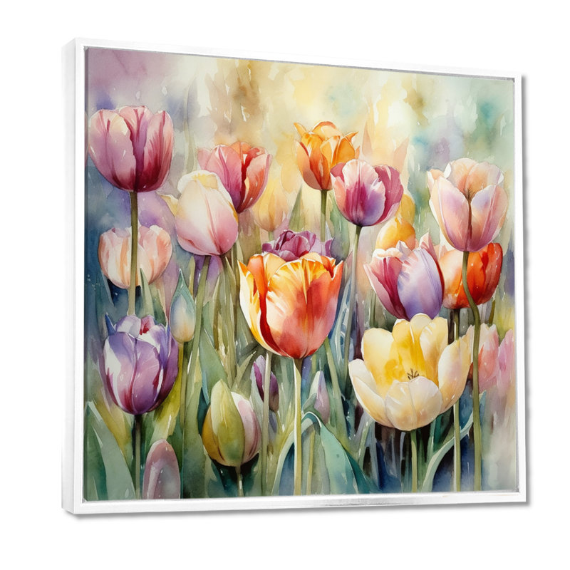 Jardin des tulipes - art mural tulipe, H 16 po x l 16 po x P 1 po, Cadre flottant blanc