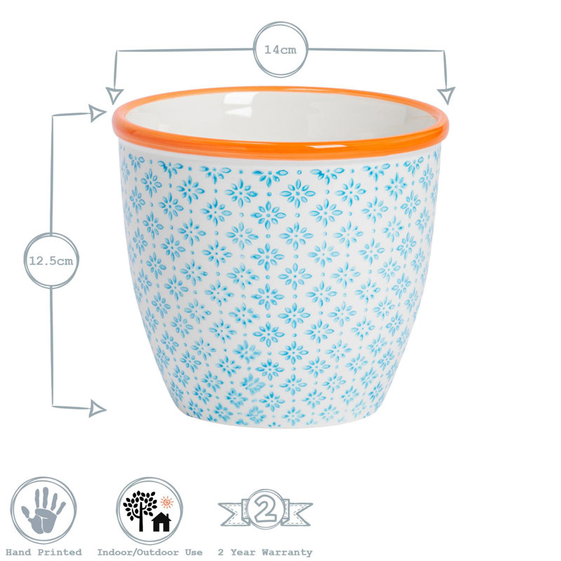 Nicola Spring - Hand-Printed Plant Pot - 14cm - Blue