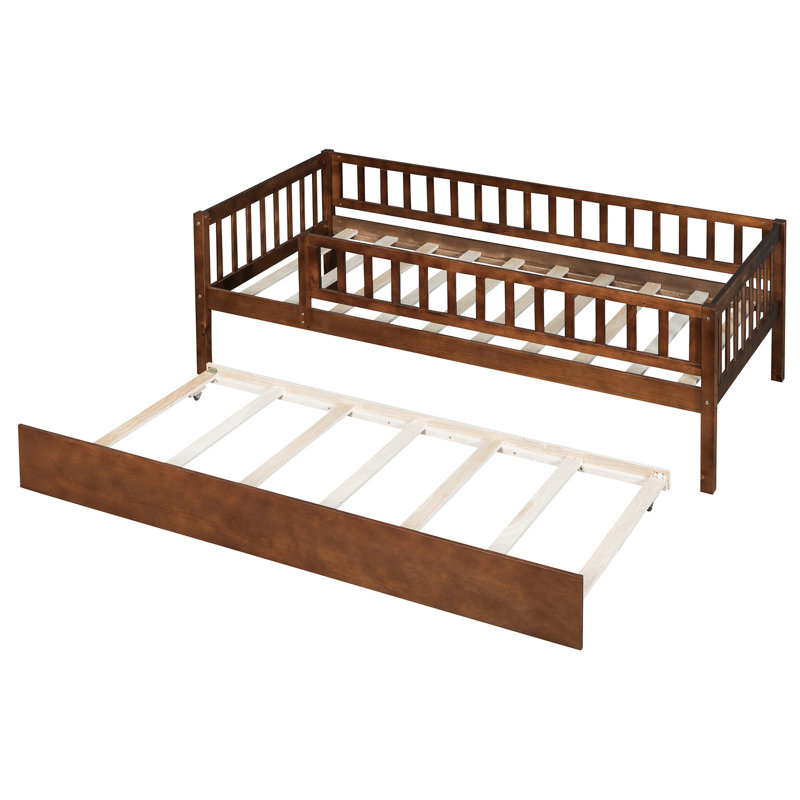 Twin Size Daybed With Trundle And Firm Fence Guardrails In Walnut Wood Guardrails, Natural, Walnut, Twin