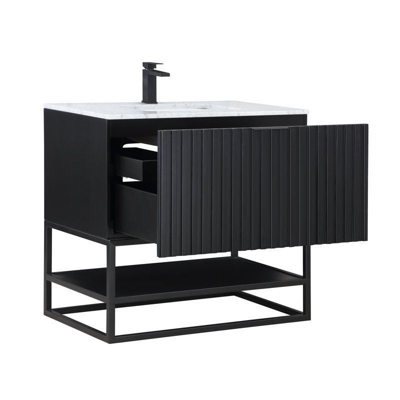 Terra 36'' W Single Vanity, Carrara Marble/Single Faucet Mount, Midnight Black, Matte Black