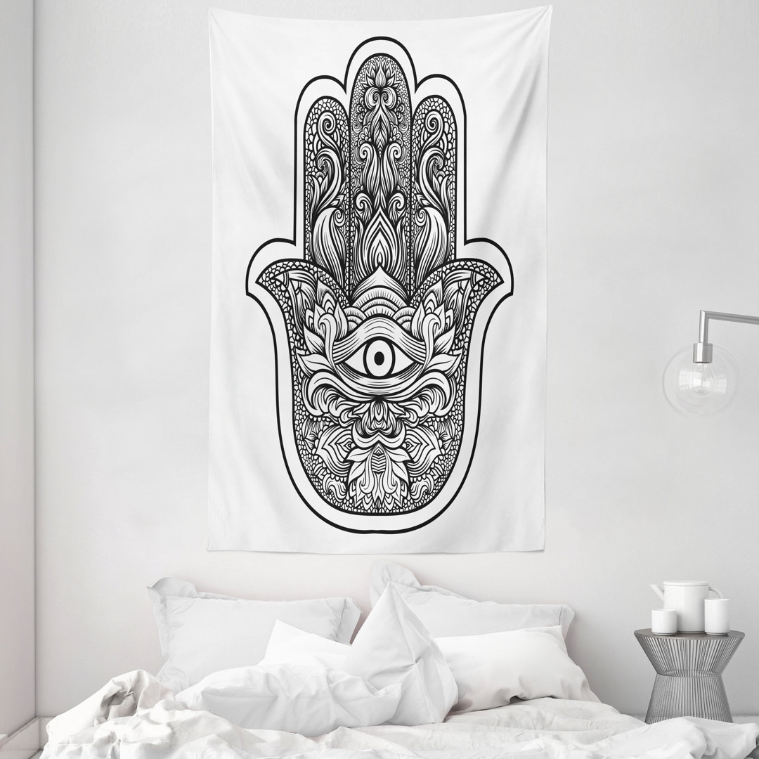 Wandteppich, Bohemian Motiv, Hamsa, Weiß und Schwarz