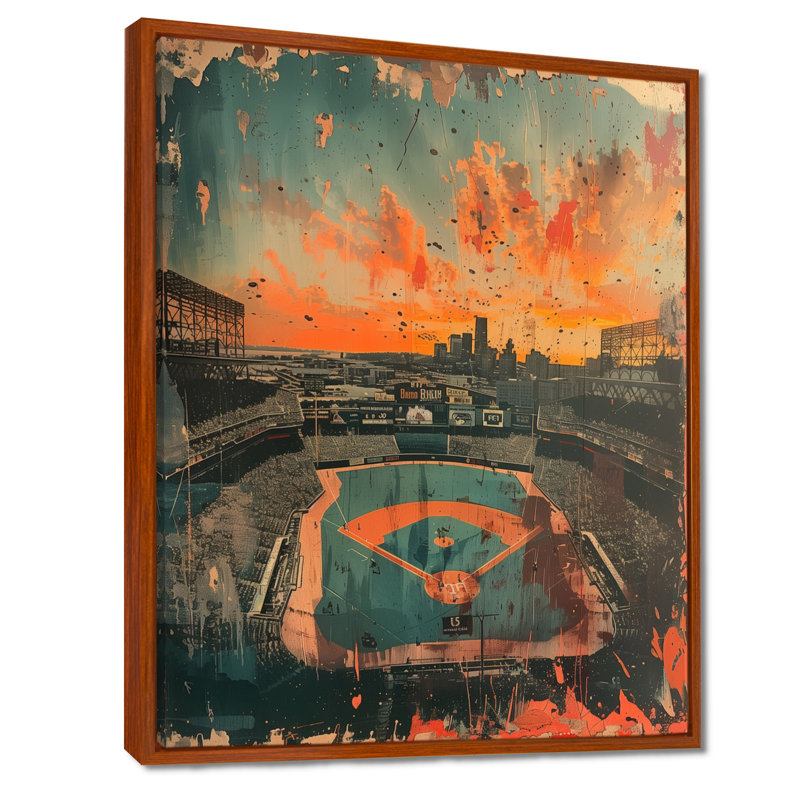 Art de mur de stade de baseball rétro orange et vert, Toile avec cadre flottant brun, H 16 po x l 32 po x P 1 po