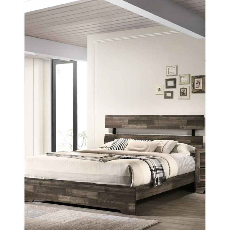 Lit plateforme simple rustique avec tête de lit à lattes à profil bas, finition brune contemporaine, placages de bois, utilisation dans la chambre à coucher, structure à une boîte, fabrication,