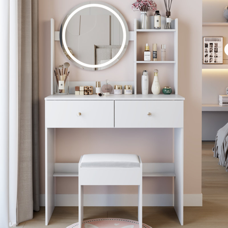 Table de coiffeuse ronde de 17 po à DEL, tabouret réglable à 3 couleurs, tabouret confortable, tablettes multicouches, convient aux petits espaces, style américain, grand bureau blanc et miroir, espaces idéaux, design,