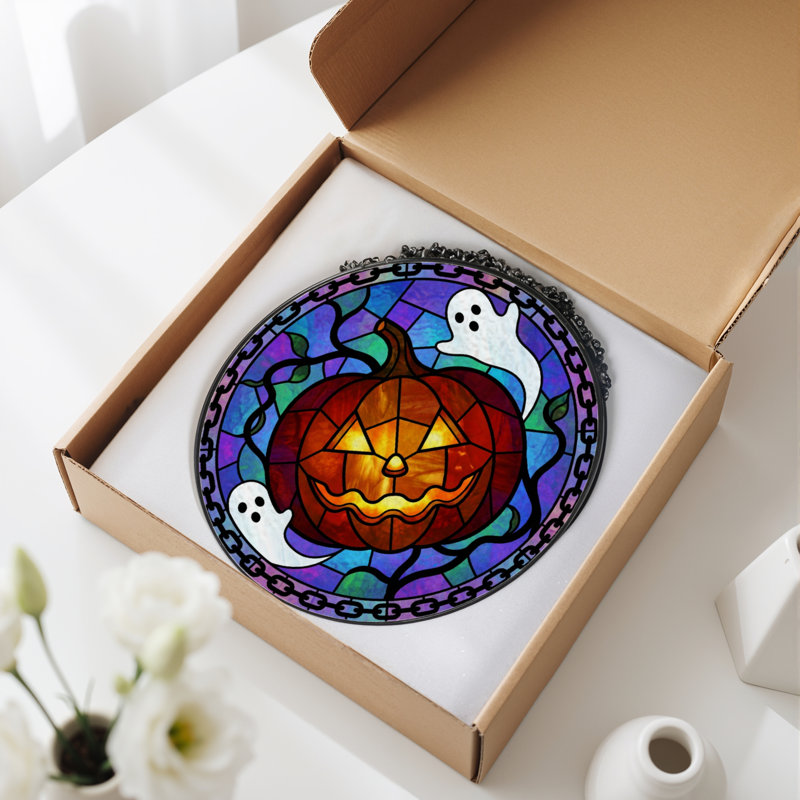 Panneau de vitrail en verre coloré 12 "H Pumpkin