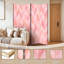 Cloison pliante 4 panneaux à paravents à l'aquarelle rose pastel avec toile à chevrons géométrique-1953348419-1953348429