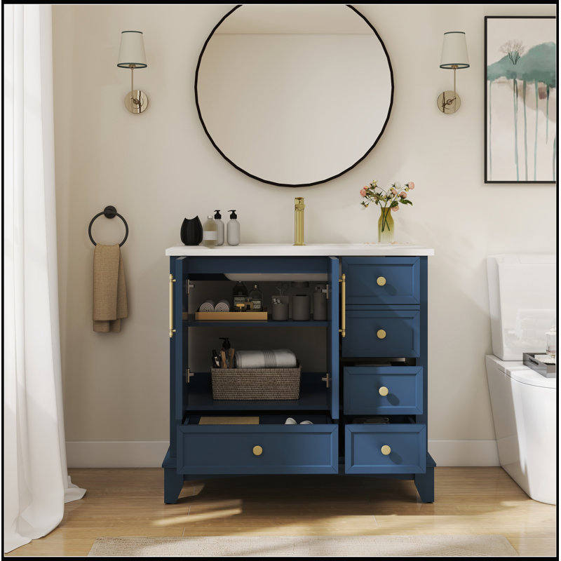 Meuble-lavabo autoportant moderne de 35,6 pouces de style Mid-Century avec lavabo intégré et grand rangement, Bleu