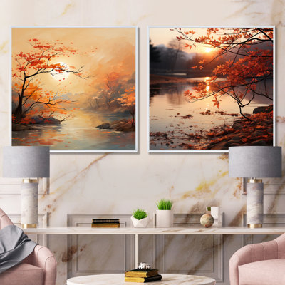 «Autumn Tranquility Lake I - Cottage Lake Mountains», ensemble de 2 impressions sur toile